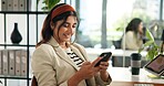 Business, woman and typing with phone in office for online policy advice, reading EIA and sustainability research. Environmental consultant, employee and smartphone for client feedback and networking