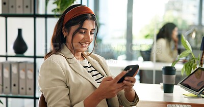 Buy stock photo Business, woman and typing with phone in office for online policy advice, reading EIA and sustainability research. Environmental consultant, employee and smartphone for client feedback and networking