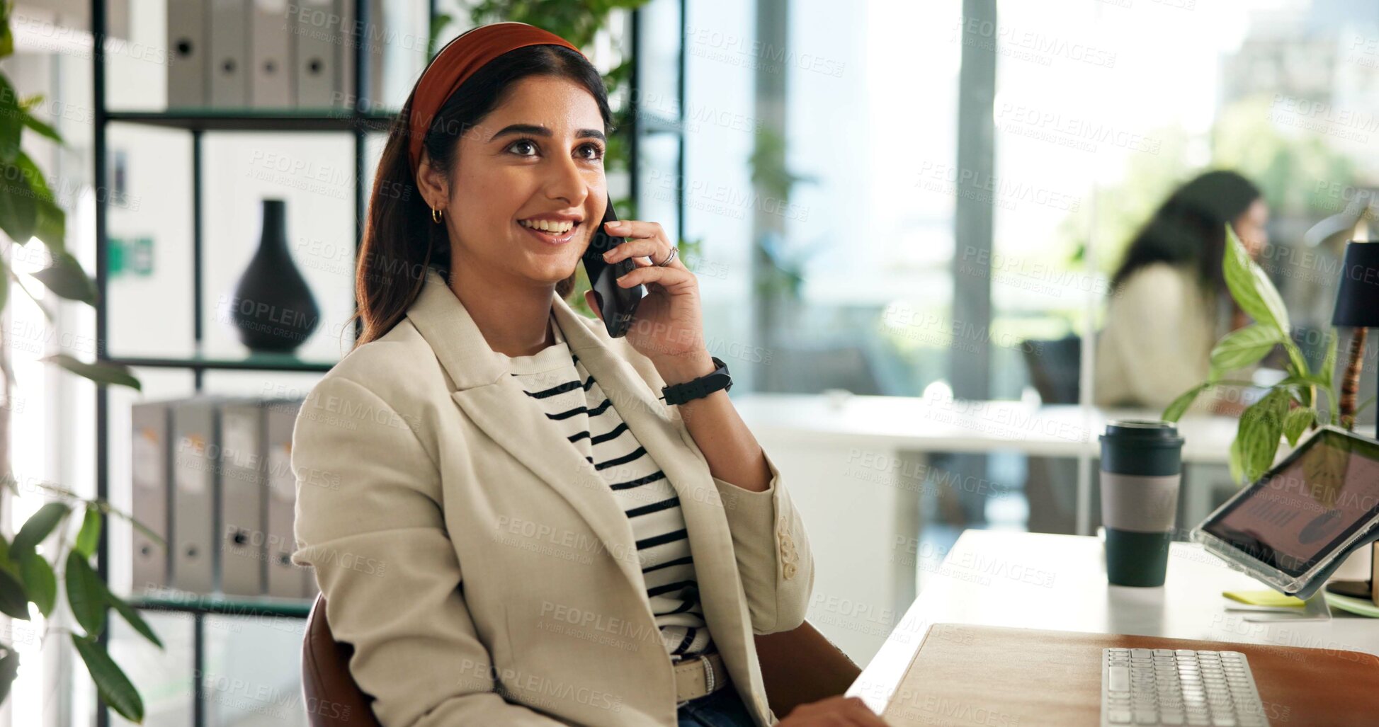 Buy stock photo Phone call, smile and businesswoman in office for communication, contact or networking. Happy, cellphone and female magazine editor with mobile discussion for publishing client in workplace.