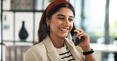 Buy stock photo Phone call, professional and businesswoman in office for communication, contact or networking. Smile, cellphone and female magazine editor with mobile discussion for publishing client in workplace.