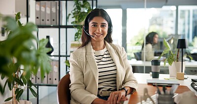 Buy stock photo Agent, happy woman and customer service in sales with portrait, communication and online consulting. Smile, confident consultant and call center office for CRM contact support, advice or business