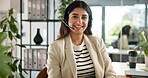 Agent, happy woman and customer service in call center with portrait, communication and online consulting. Smile, confident consultant and sales office for CRM contact support, advice or business