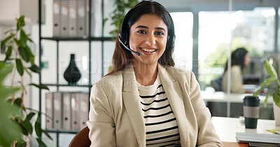 Buy stock photo Agent, happy woman and customer service in call center with portrait, communication and online consulting. Smile, confident consultant and sales office for CRM contact support, advice or business