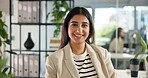 Business, woman and professional portrait in office for about us, mission and creative employee. Confident, smile and female editor with career pride, future growth or opportunity in publishing