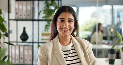 Buy stock photo Business, woman and professional portrait in office for about us, mission and creative employee. Confident, smile and female editor with career pride, future growth or opportunity in publishing