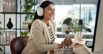 Buy stock photo Video call, office and business woman on computer for conversation, online chat and virtual meeting. Company consultant, professional and person with headphones for discussion, talking and webinar