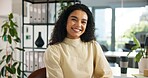 Business, woman and professional portrait at workplace for about us, mission and creative employee. Confident, smile and female editor with career pride, future growth or opportunity in publishing