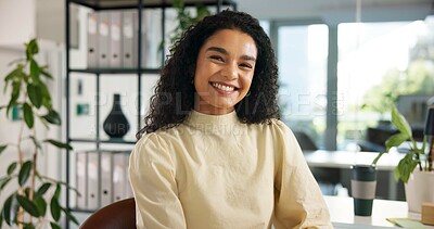 Buy stock photo Business, woman and professional portrait at workplace for about us, mission and creative employee. Confident, smile and female editor with career pride, future growth or opportunity in publishing