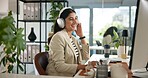 Video call, happy and business woman on computer for conversation, online chat and virtual meeting. Company consultant, office and person with headphones for discussion, communication and webinar