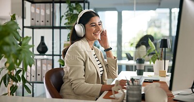 Buy stock photo Video call, happy and business woman on computer for conversation, online chat and virtual meeting. Company consultant, office and person with headphones for discussion, communication and webinar