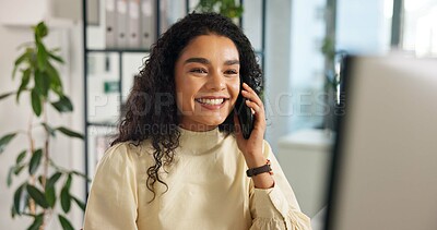 Buy stock photo Phone call, happy and businesswoman in office for networking, contact or communication. Smile, cellphone and female magazine editor with mobile discussion for publishing client in workplace.