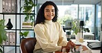 Professional, woman and portrait at desk in office for about us, mission and creative employee. Confident, smile and female editor with career pride, future growth or opportunity in publishing