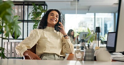 Buy stock photo Phone call, happy and businesswoman in office for communication, contact or networking. Smile, cellphone and female magazine editor with mobile discussion for publishing client in workplace.