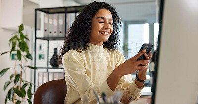 Buy stock photo Business, woman and scroll with phone at desk for online policy advice, sustainable development research or planning. Environmental consultant, employee and mobile chat for client feedback and email