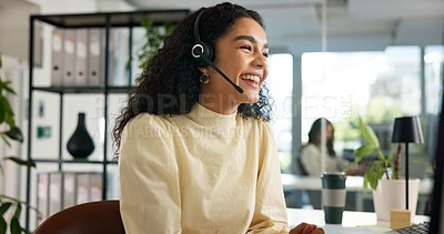 Buy stock photo Laughing, happy woman and customer service in call center with agent, communication and online consulting. Funny joke, friendly consultant and sales office for CRM contact support, advice or business
