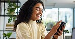 Business, woman and scroll with phone in office for online policy advice, sustainable development research or happy. Environmental consultant, employee or smartphone for client feedback or networking