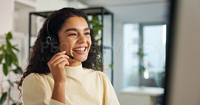 Buy stock photo Talking, happy woman and customer service in call center with headset, communication and online consulting. Smile, friendly consultant and sales office for CRM contact support, advice or business