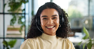 Buy stock photo Agent, happy woman and customer service in portrait with smile, communication and online consulting. Sales, confident consultant and call center office for CRM contact support, advice or business