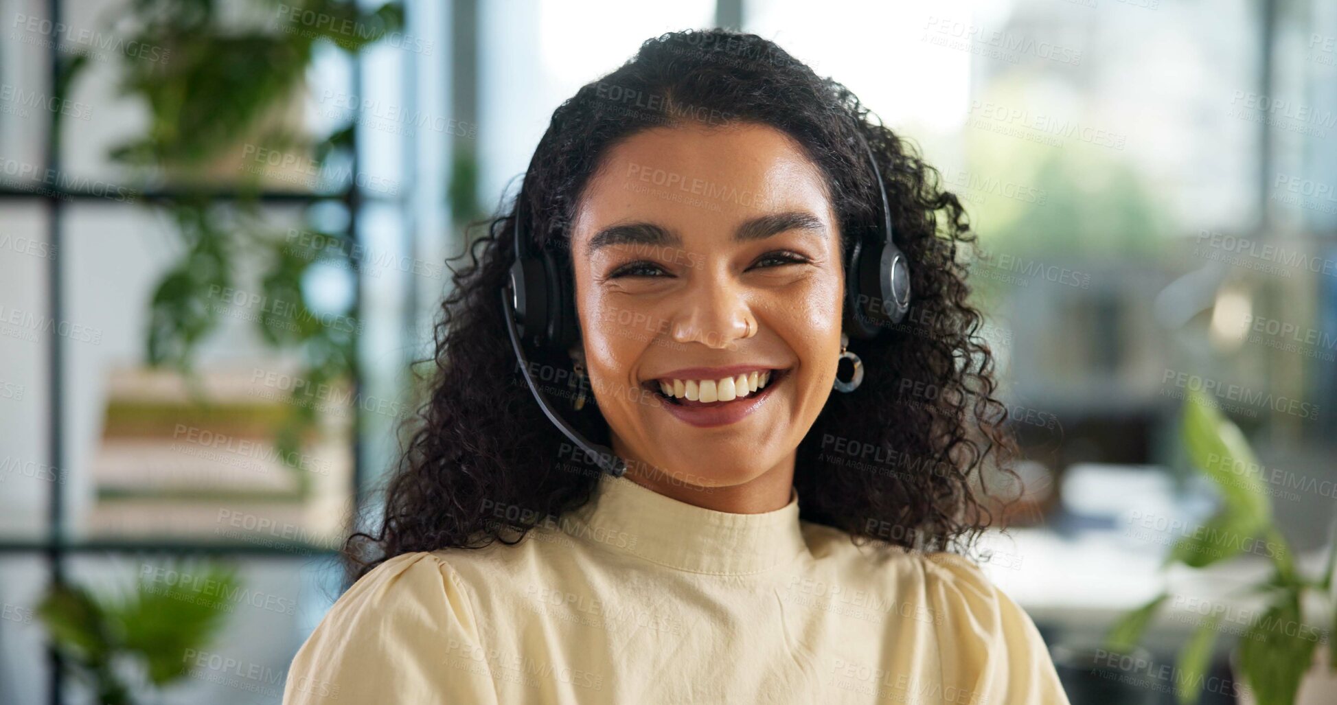 Buy stock photo Agent, happy woman and customer service in portrait with smile, communication and online consulting. Sales, confident consultant and call center office for CRM contact support, advice or business