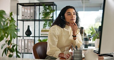 Buy stock photo CRM, woman and customer service in office with computer, communication and online consulting. Typing, virtual chat or call center for contact support, help desk or sales agent for hotline business