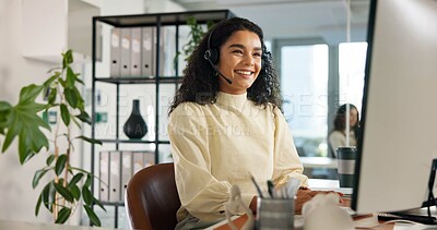 Buy stock photo Call center, happy woman and customer service in office with computer, communication and online consulting. Reading, virtual chat or smile for contact support, help desk or sales agent for business