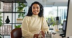 Call center, happy woman and customer service in portrait with confidence, communication and online consulting. Proud, virtual chat or smile for contact support, help desk or sales agent for business