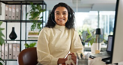 Buy stock photo Call center, happy woman and customer service in portrait with confidence, communication and online consulting. Proud, virtual chat or smile for contact support, help desk or sales agent for business