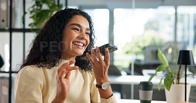 Buy stock photo Speaker, phone call and business woman in office for communication, recording and contact. Voice note, professional consultant and person talking on smartphone for discussion, strategy and planning