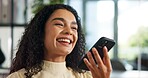 Happy, phone call and business woman on speaker for communication, recording and contact. Voice note, professional consultant and person talking on smartphone for discussion, strategy and planning