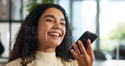 Buy stock photo Happy, phone call and business woman on speaker for communication, recording and contact. Voice note, professional consultant and person talking on smartphone for discussion, strategy and planning