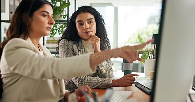 Buy stock photo Meeting, creative and business women on computer for planning, online project and copywriting. Publishing agency, professional writers and people on pc for research, feedback and website article