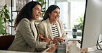 Meeting, excited and business women on computer for planning, online project and copywriting. Creative agency, laughing and happy people on digital tech for research, publishing and article success