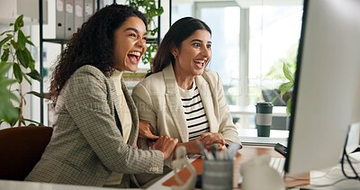 Buy stock photo Meeting, excited and business women on computer for planning, online project and copywriting. Creative agency, laughing and happy people on digital tech for research, publishing and article success