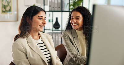 Buy stock photo Creative office, meeting and business women on computer for planning, online project and copywriting. Publishing agency, professional and people on pc for research, feedback and website article