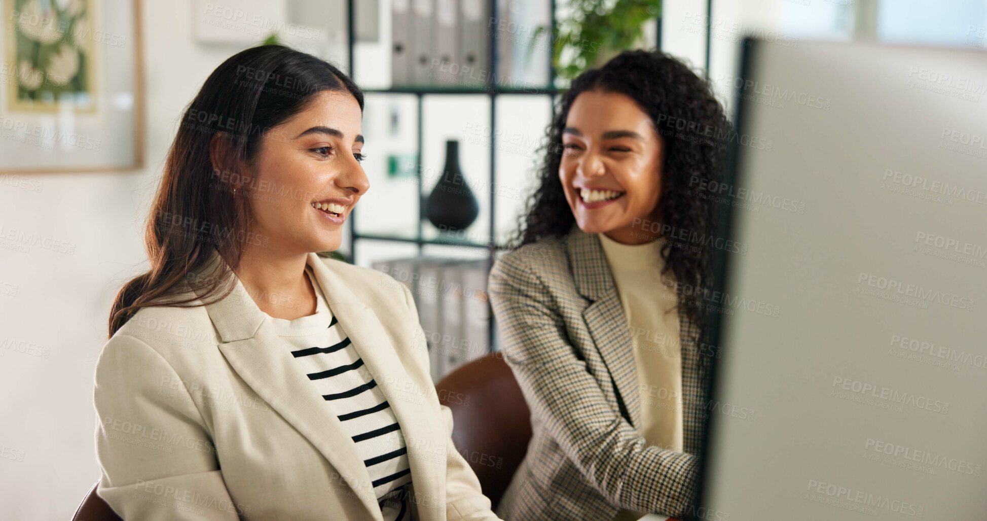 Buy stock photo Creative office, meeting and business women on computer for planning, online project and copywriting. Publishing agency, professional and people on pc for research, feedback and website article