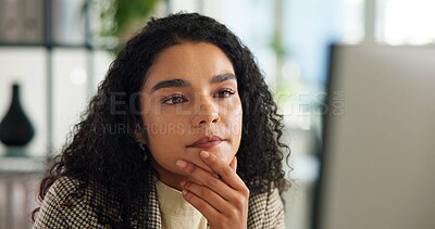 Buy stock photo Business woman, thinking and reading by computer for editing, email or online research with copywriting. Review, website or blog ideas with article or news on internet, info and tech at creative firm