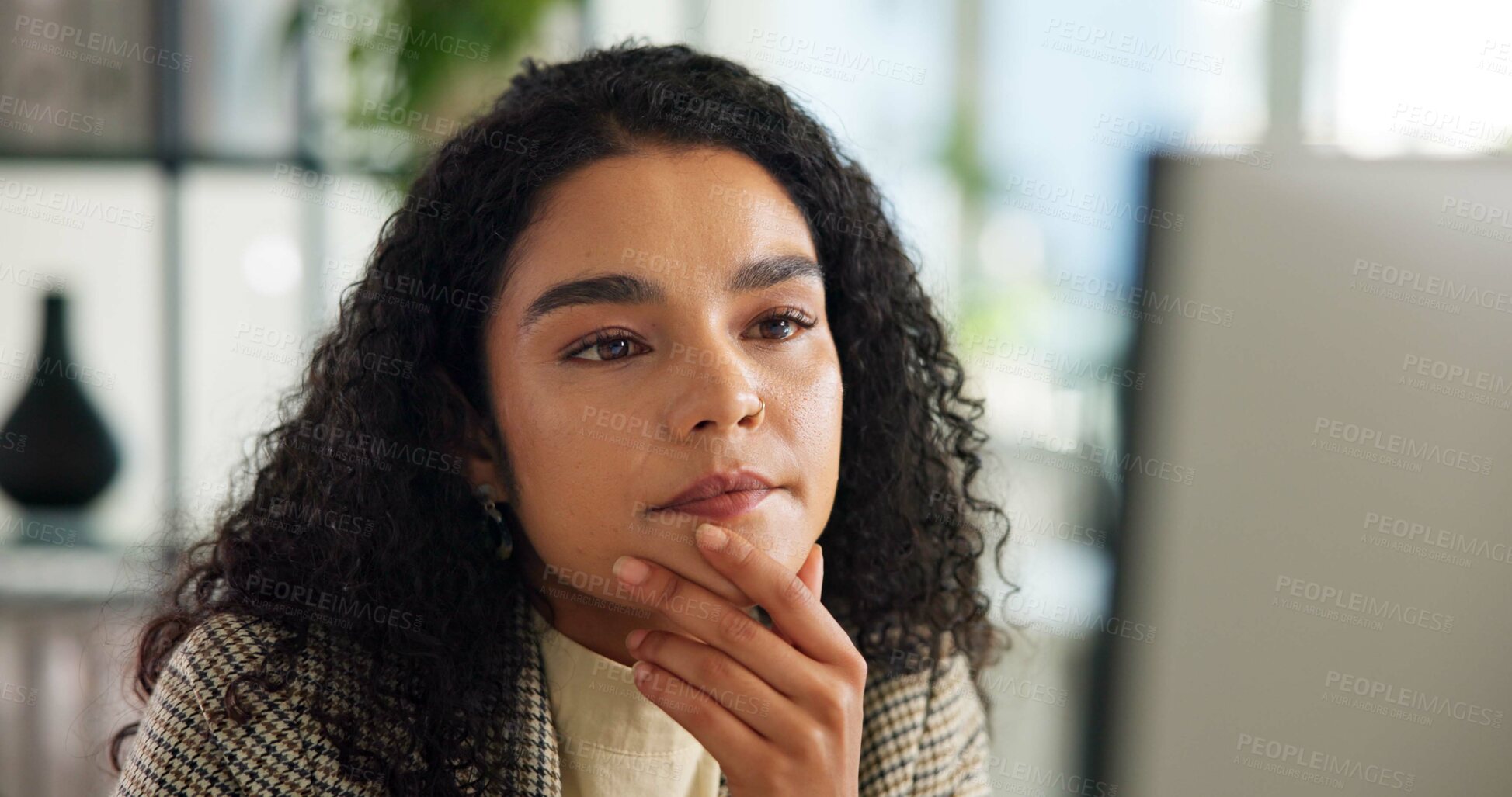 Buy stock photo Business woman, thinking and reading by computer for editing, email or online research with copywriting. Review, website or blog ideas with article or news on internet, info and tech at creative firm
