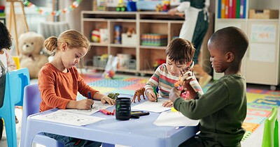 Buy stock photo Paper, kindergarten and drawing with kids in classroom for child development, artwork and color project. Friends, academy and growth with students at school for knowledge, learning and education