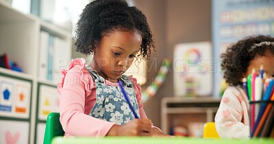 Buy stock photo Education, kindergarten and drawing with girl in classroom for child development, artwork and color project. Friends, academy and growth with students at school for knowledge, learning and creativity