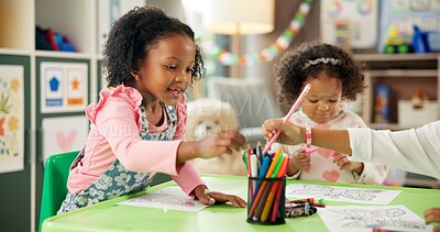 Buy stock photo Creative, kindergarten and drawing with girl in classroom for child development, artwork and color project. Friends, academy and growth with students at school for knowledge, learning and education