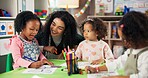 Drawing, learning and teacher with children in classroom for education, nursery and creative art. Growth, kindergarten and academy with woman and kids at school for helping and child development