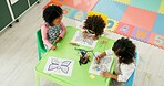 Above, education and drawing with friends in classroom for child development, artwork and creative project. Youth, academy and growth with students at school for knowledge, learning and kindergarten
