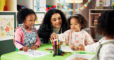 Buy stock photo Drawing, helping and teacher with children in classroom for education, nursery and creative art. Growth, kindergarten and academy with woman and kids at school for learning and child development