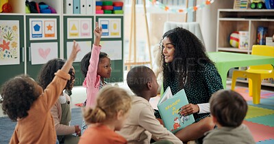 Buy stock photo Reading, question and teacher with children in classroom for education, books and creative. Growth, kindergarten and academy with woman and kids at school for youth, hands raised or child development