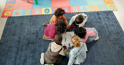 Buy stock photo Above, education and drawing with kids in classroom for child development, artwork and creative project. Youth, academy and growth with students at school for knowledge, learning and kindergarten