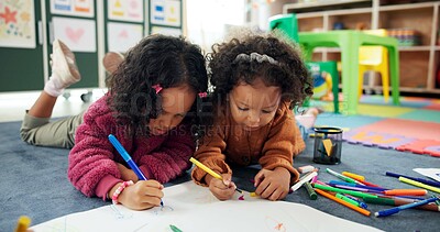 Buy stock photo Color, friends and drawing with girls in classroom for child development, artwork and creative project. Youth, academy and growth with students at school for knowledge, learning and kindergarten