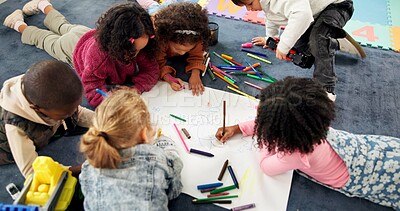 Buy stock photo Color, above and drawing with kids in classroom for child development, artwork and creative project. Youth, academy and growth with students at school for knowledge, learning and kindergarten