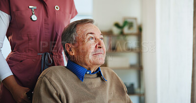 Buy stock photo Wheelchair, caregiver and mature man in nursing home, senior care and thinking of help for healthcare. Retirement, pensioner and elderly person with disability with nurse, contemplating and patient