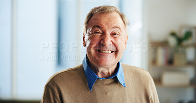 Buy stock photo Senior, man and happy with portrait in home for retirement wellness, relax and comfortable with confidence. Elderly person, space and peaceful pensioner in living room with insurance and security
