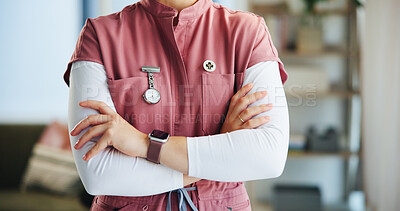 Buy stock photo Arms crossed, homecare and medical with nurse in living room for insurance, trust or visit. Confident, healthcare and wellness with medicine professional in apartment for appointment or checkup